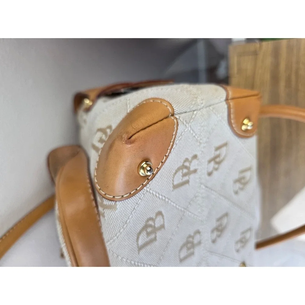 Dooney & Bourke Signature Monogram Canvas Satchel Tan Leather Trim Bag